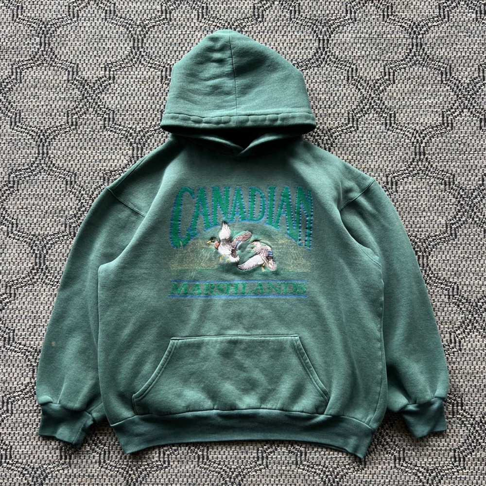 Vintage Marshlands Sweatshirt Mens XL Green Hoodie Mallard Duck Nature Boxy Fade